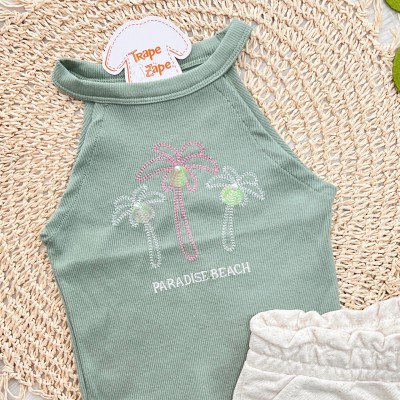 Conj. Regata Ribana Paradise Beach e Short em Linho - Verde e Areia